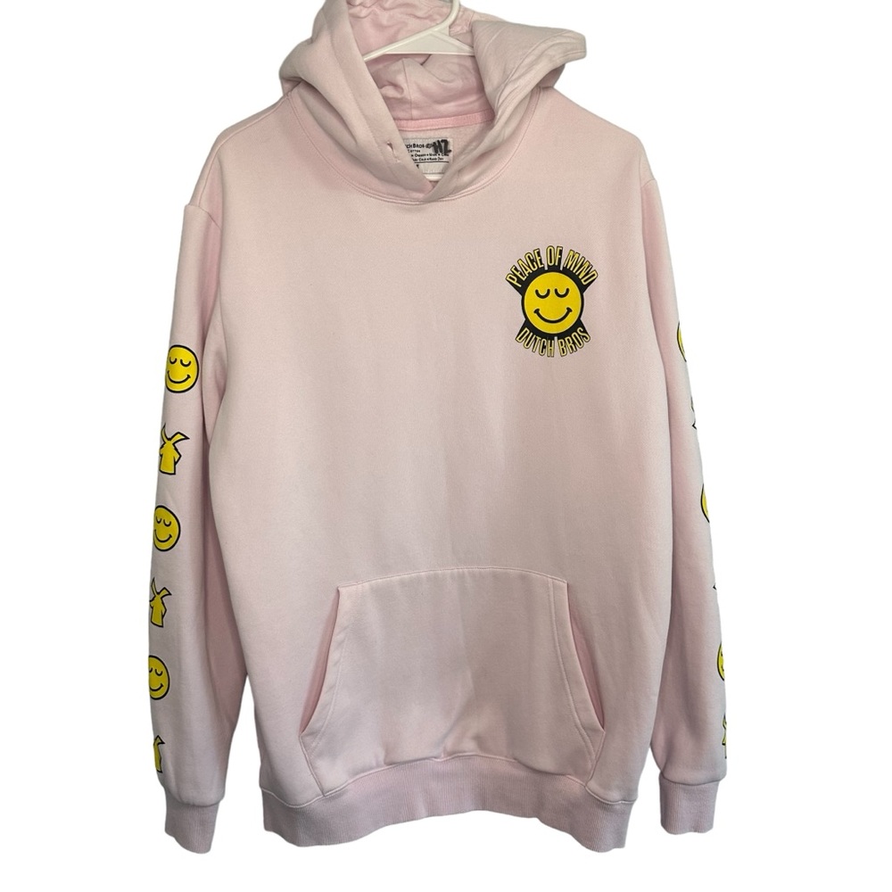 Dutch Bros XS+MEDIUM Light Pink Oversized Hoodie w/Yellow Smiley “Peace Of M…